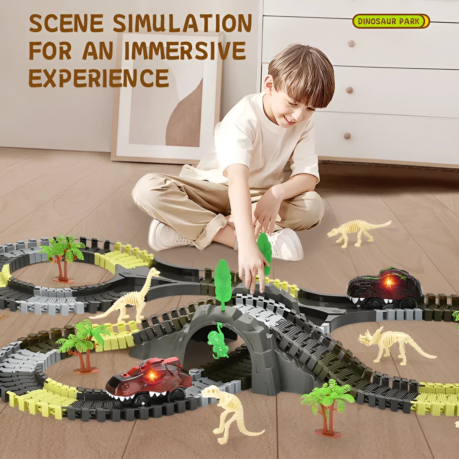 Electric toy DIY assembly skeleton dinosaur track car with 209 plastic pieces on a table
