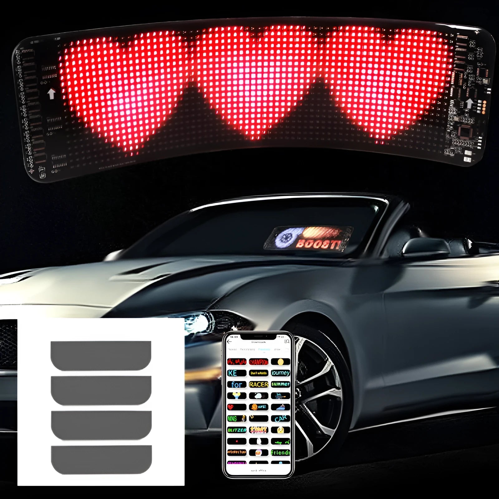 Black flexible LED screen for car rear windshield with Bluetooth control and adhesive backing.