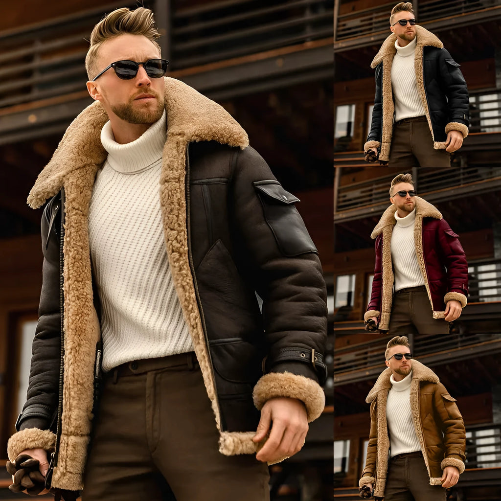 Men's military fleece winter jacket with fur collar, multiple pockets, in black colour