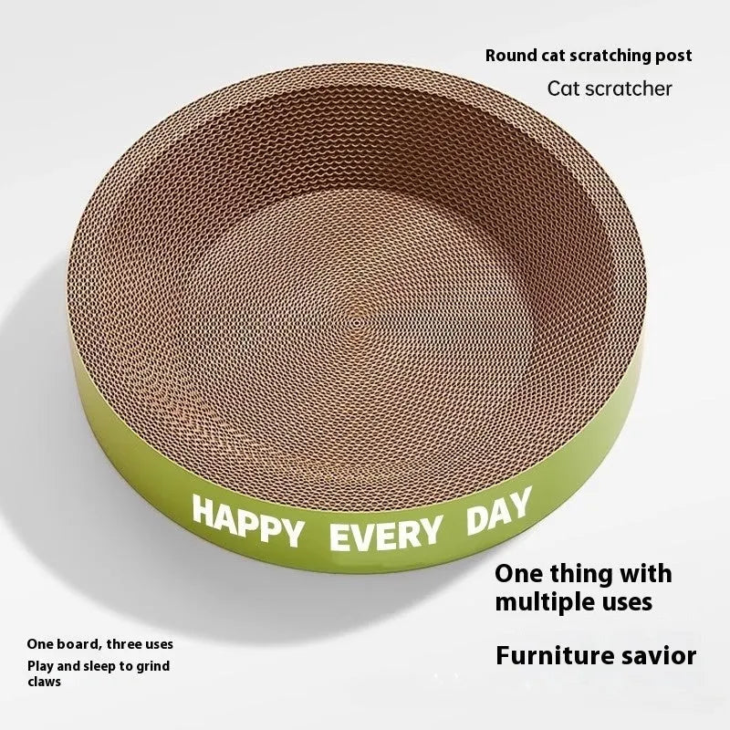Green round cat scratching nest bed showing simple style and wear-resistant material.