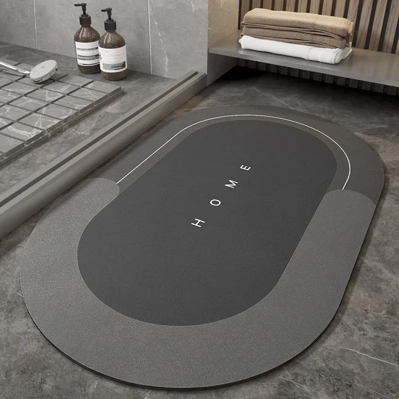 Machine woven bathroom floor mat in blended material showing oval and rectangle shape options