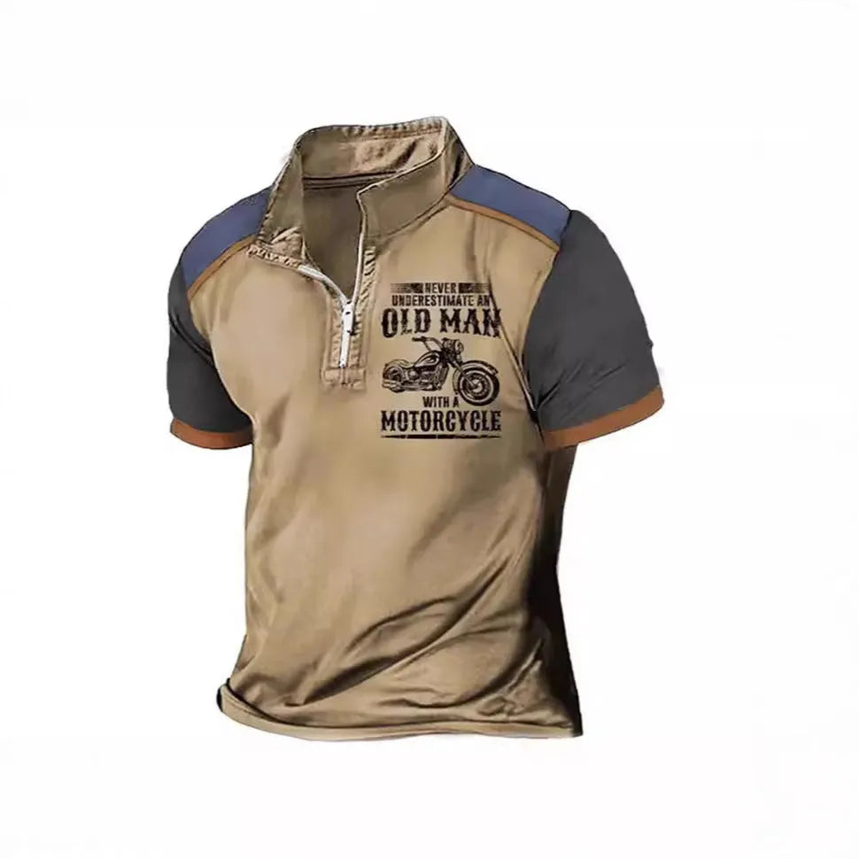 Men's casual polo shirt with lapel collar, digital printed letters, and zipper decoration details.