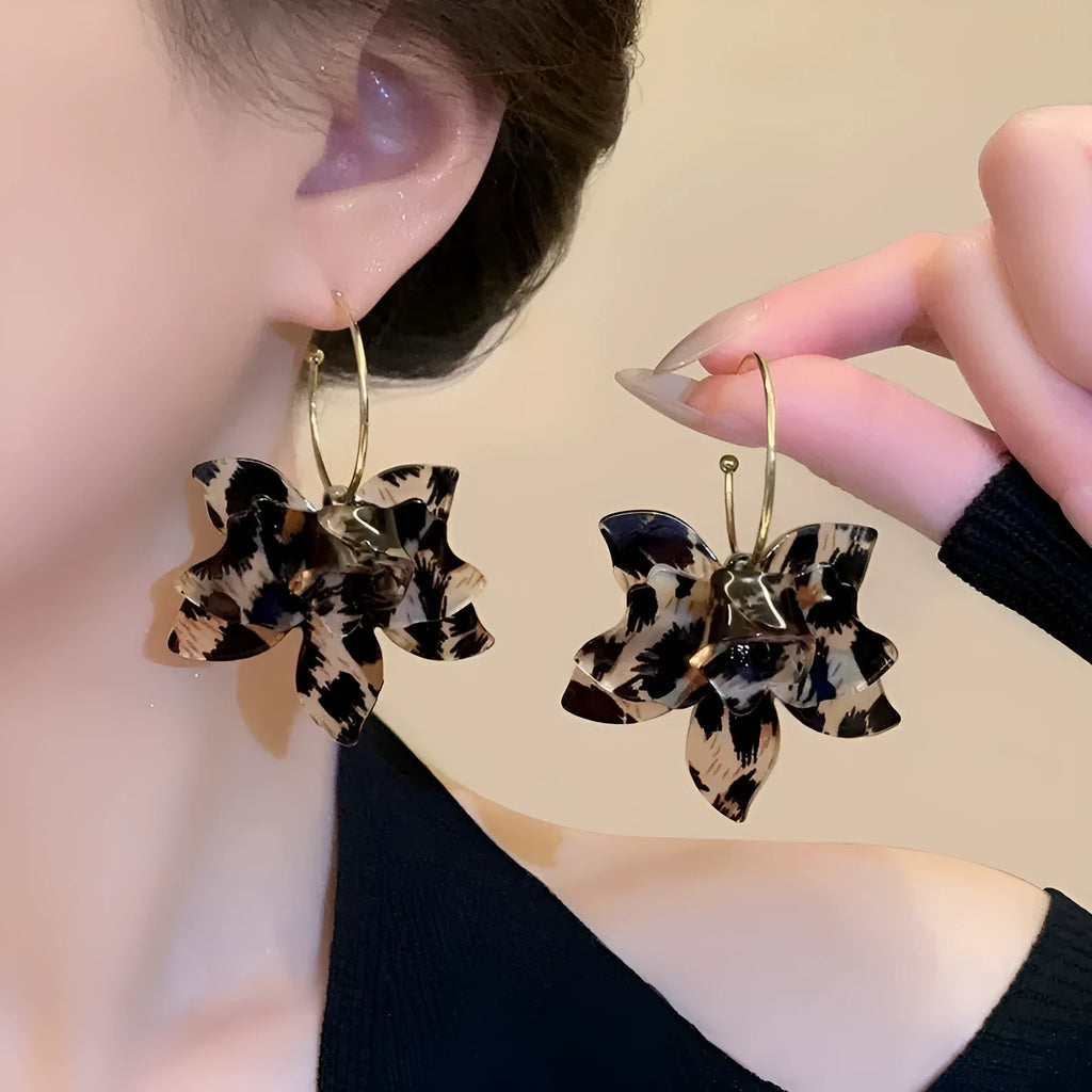 Large leopard print flower earrings in acetate, high-grade animal print and floral design women's jewellery