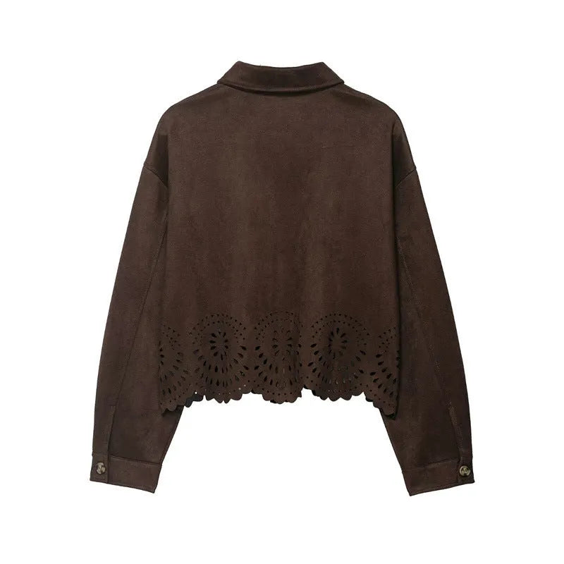 Women's solid colour hollow-out hem top and pants set with long sleeves and button details in size M