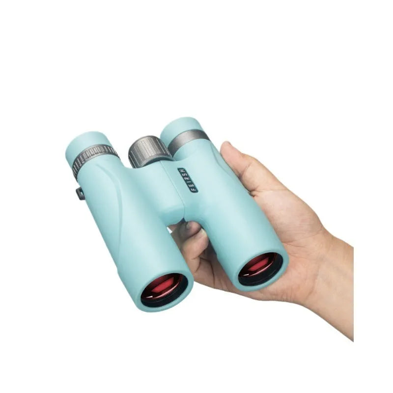 10x32 wine red film imaging binoculars with blue colour option showing compact 112x140x45mm dimensions