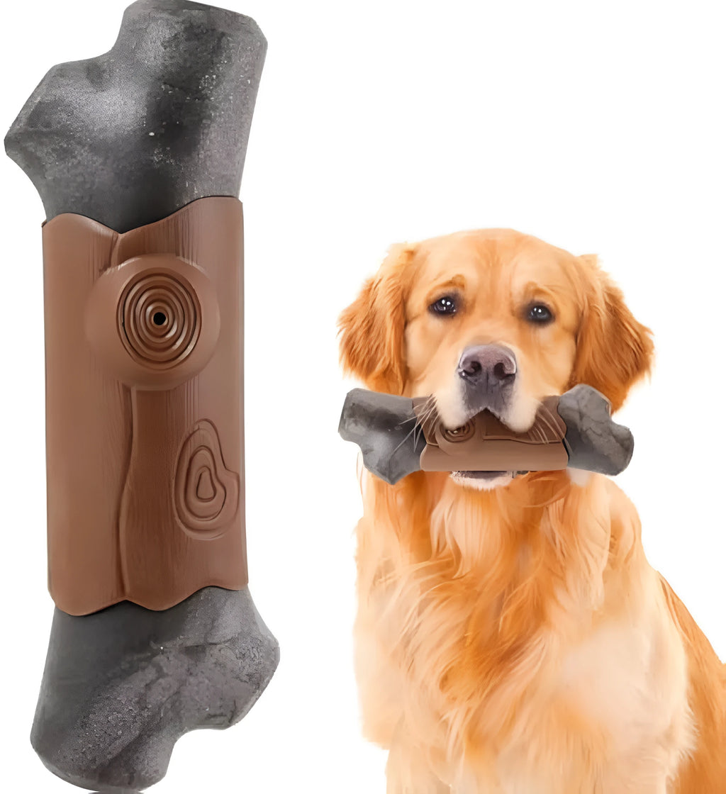 A brown, branch-shaped durable nylon dog chew toy with texture, suitable for large aggressive chewing dogs.