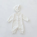 Beige knitted cotton hooded jumpsuit with wooden ear collar and lace, long sleeve, for baby and toddler autumn wear.