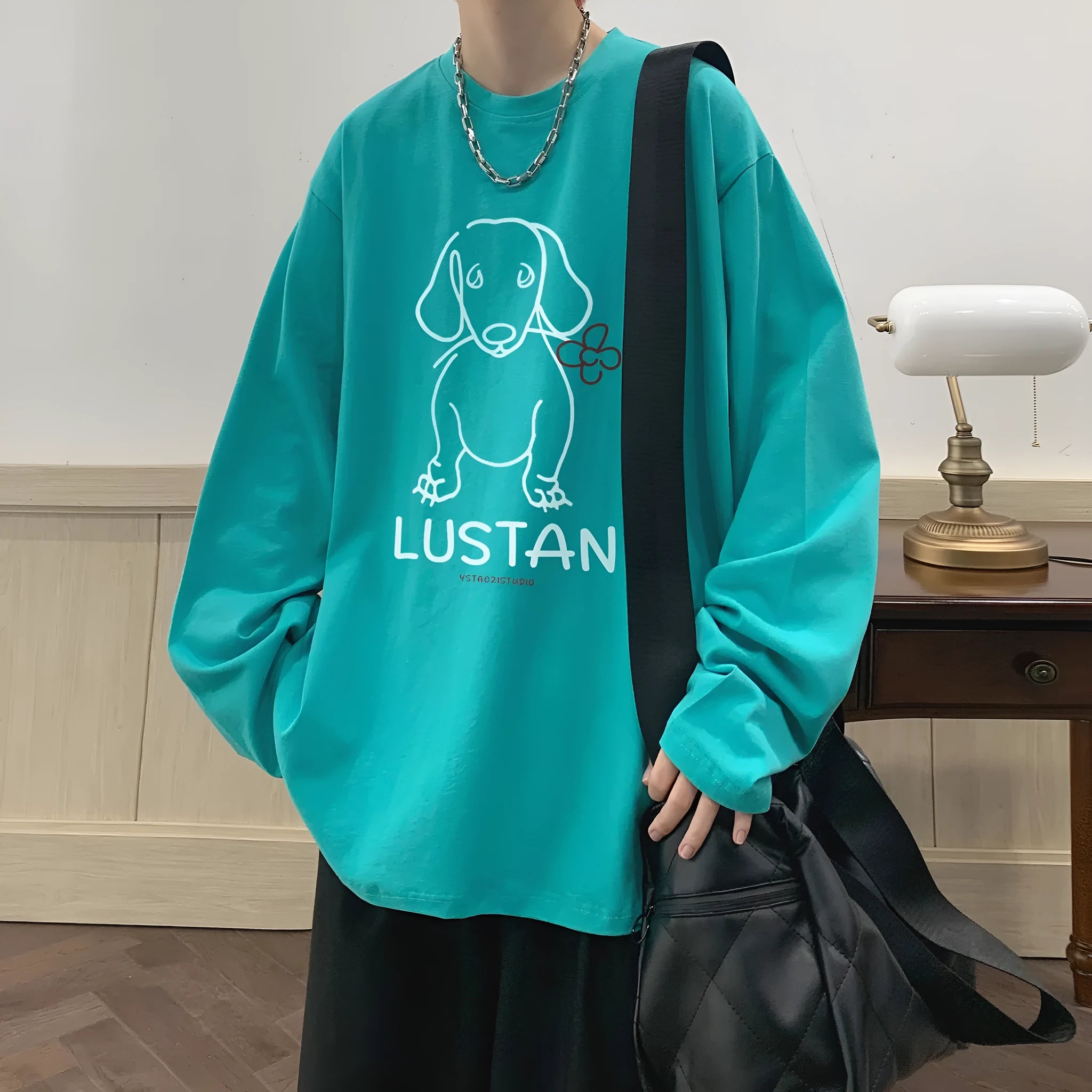 Cotton long sleeve T-shirt with cartoon puppy print, loose fit, in lake blue colour