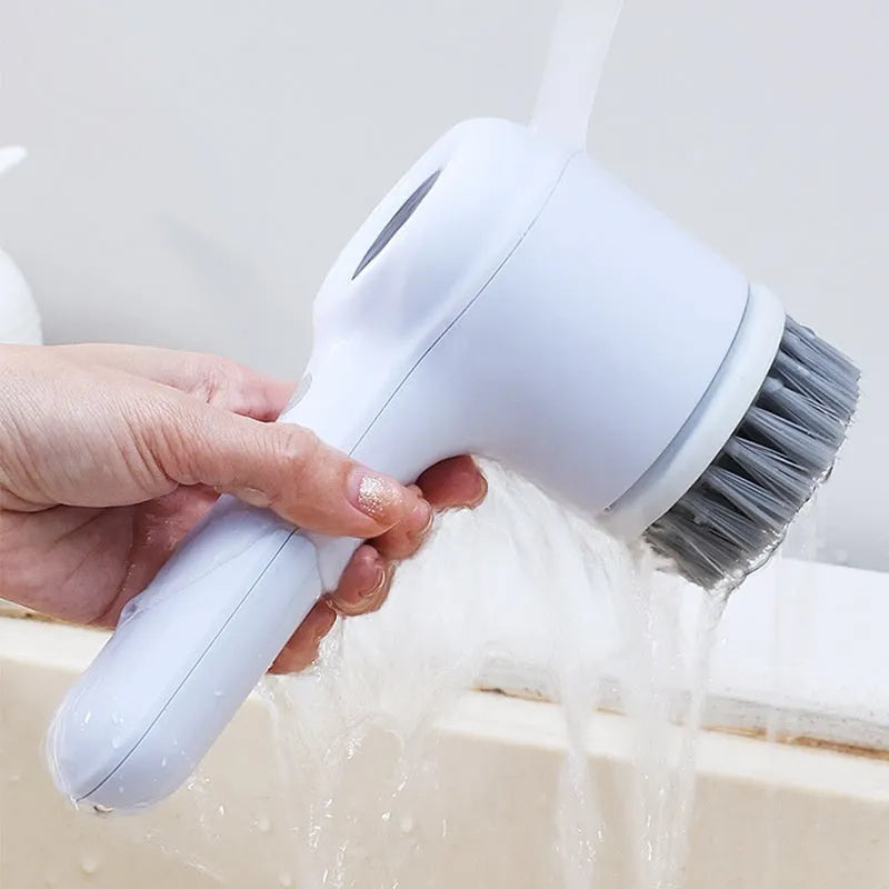 USB rechargeable electric cleaning brush in light grey or purple with multiple interchangeable cleaning heads