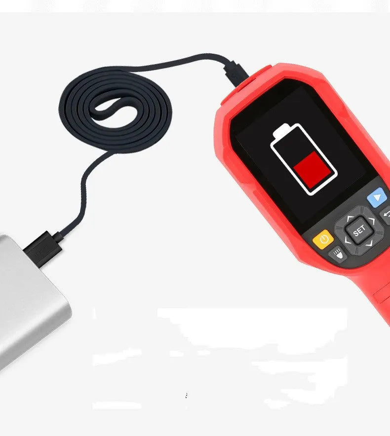 UTi260B handheld infrared thermal imaging camera with display screen, shown with USB cable and storage bag.