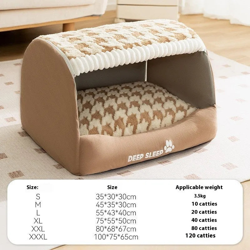 Enclosed dog bed with curved bear design and removable cover in multiple colour options