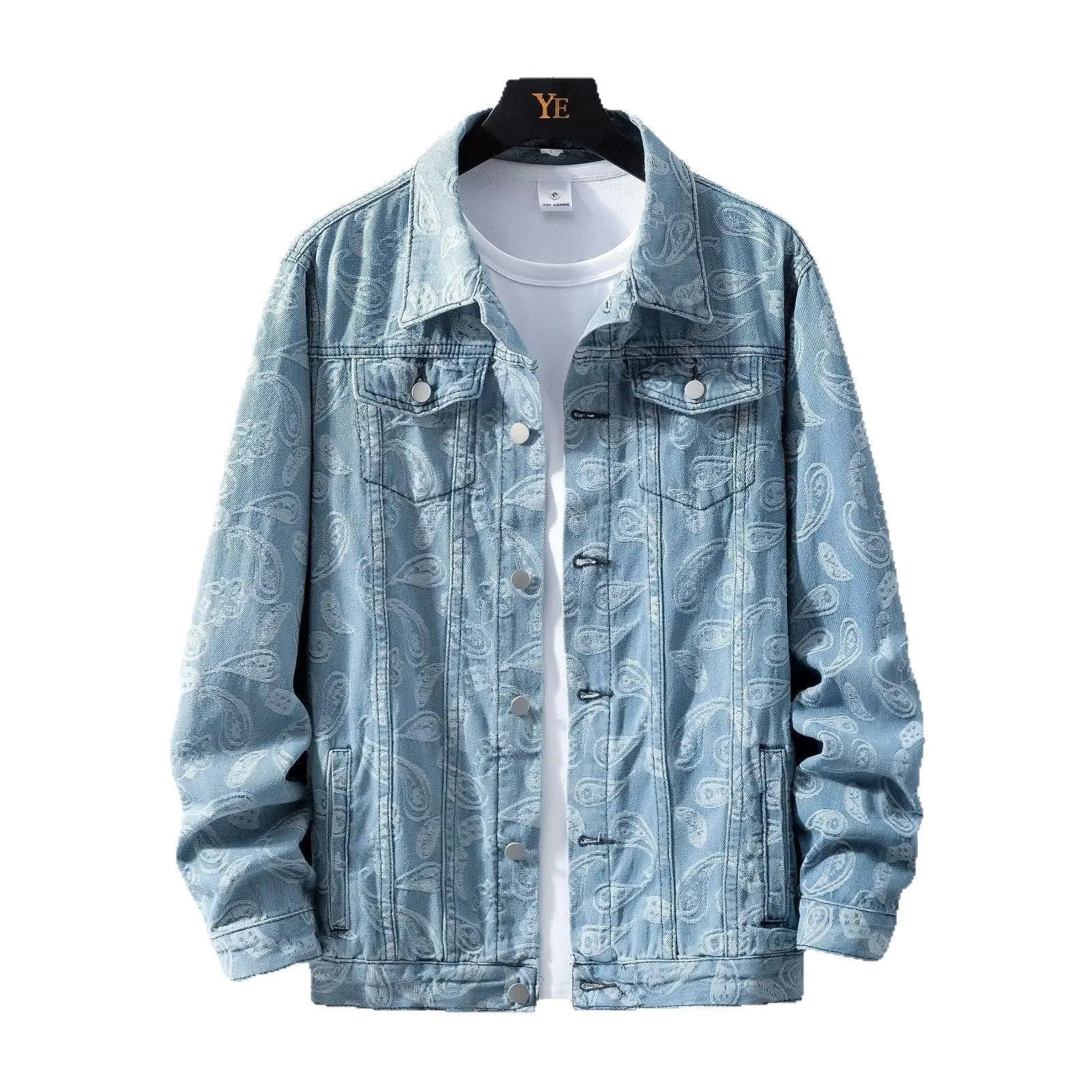 Male model wearing a slim-fit denim coat with printed jacquard detail and a drawstring waist.