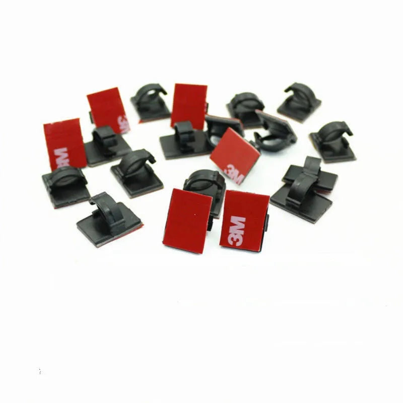 Self-adhesive plastic wire clamps for organising car cables in black and white colour options