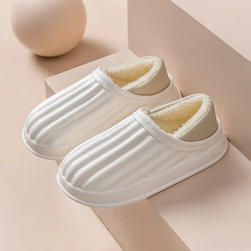 Thickened couple slippers in grey, EVA sole, non-slip, round toe, plush lined winter home shoes