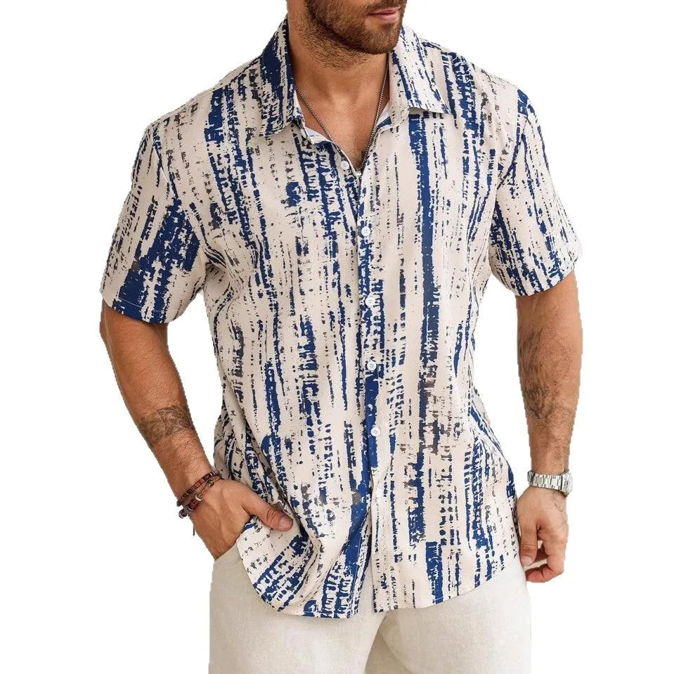Man wearing a blue and white striped short sleeve casual summer shirt.