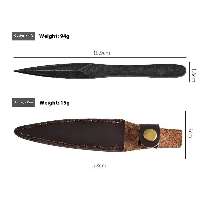 Black stainless steel hand pry tea knife on dark surface with tea leaves