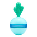 Blue pet leakage food ball toy on floor with kibble pieces nearby, measuring 8.8x8.5x16.5 cm