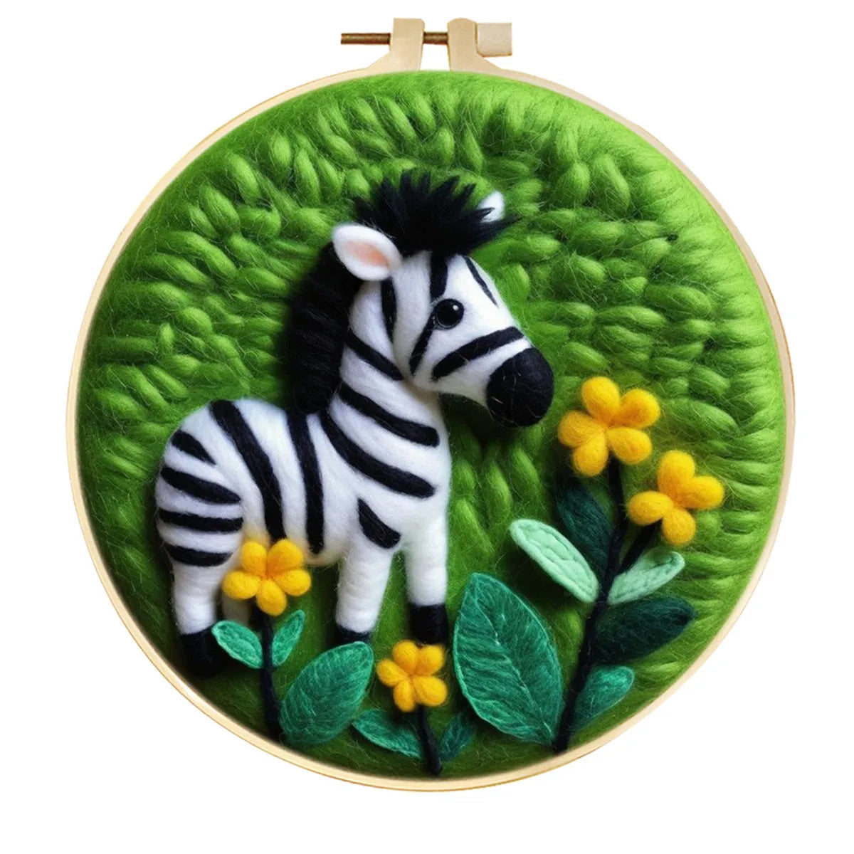 Round linen embroidery frame with wool felt floral decoration kit for three-dimensional wall art