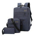 Men's wine red, black, grey, and navy blue three-piece nylon laptop bag set with USB port on front.