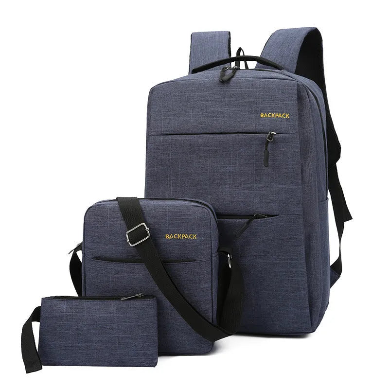 Men's wine red, black, grey, and navy blue three-piece nylon laptop bag set with USB port on front.