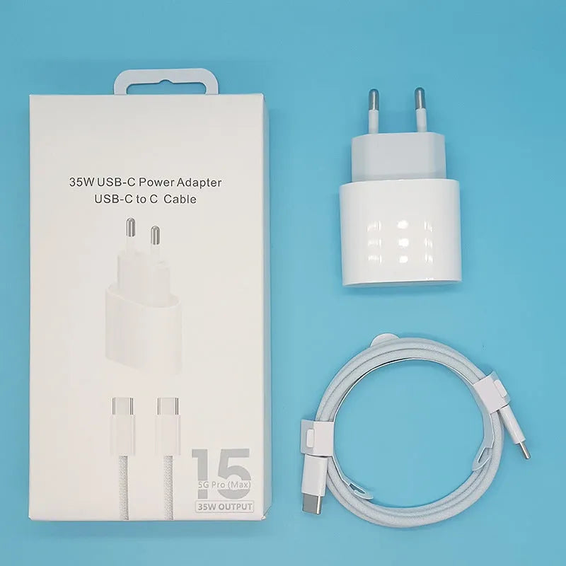 PD20W mobile phone charger with USB port, available in EU and US plug types.