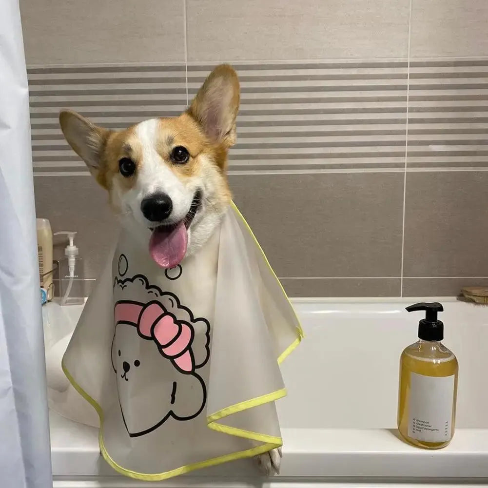Adjustable pet grooming cape with cartoon print for dogs, polyester fabric, pink and yellow options