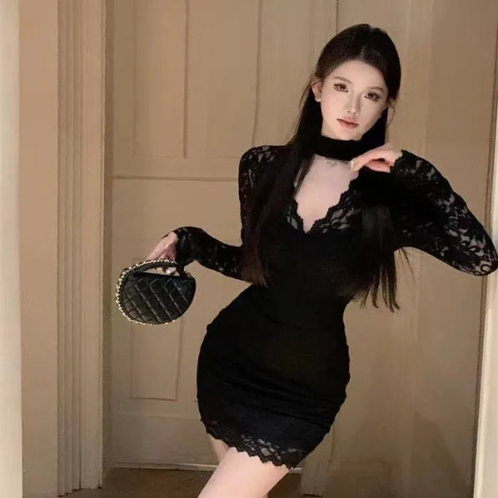 Women's black halter lace dress with hip-wrap design and A-line skirt