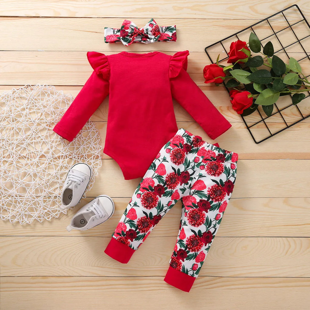 Autumn baby girl long-sleeved alphabet romper suit three-piece set in cotton, sizes 70 to 100cm