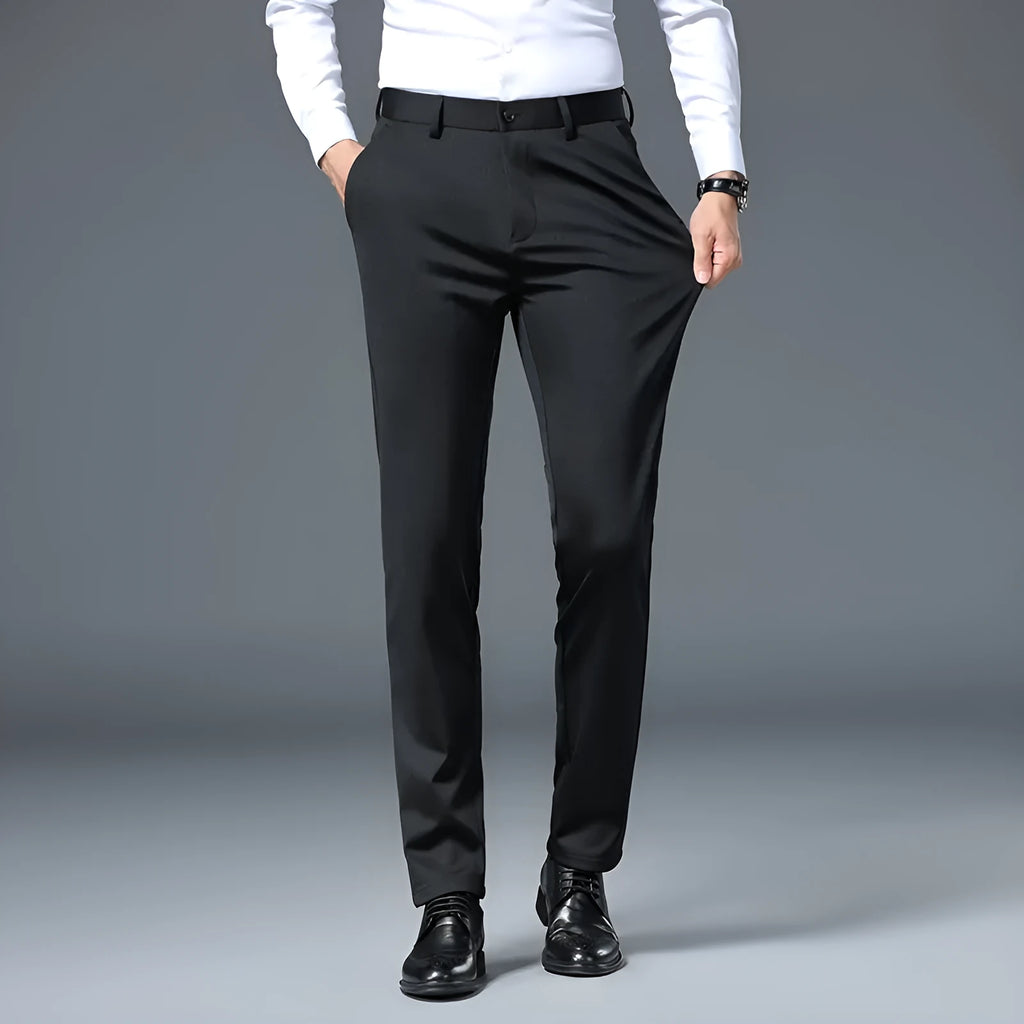 Men's slim fit stretch casual trousers in black polyester fiber with straight leg design and elastic waistband