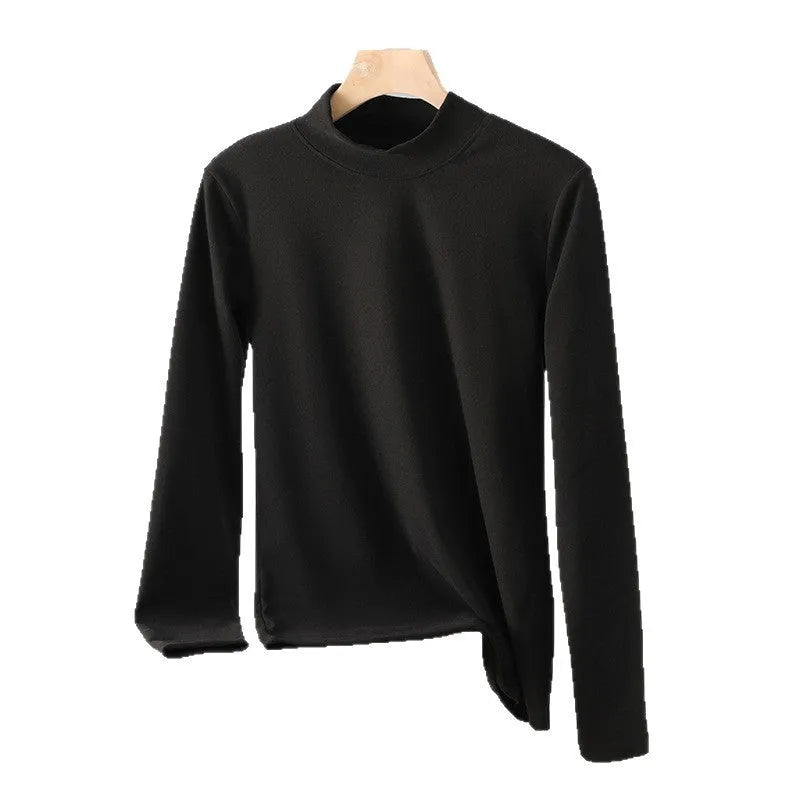 Women's fleece-lined thickened bottoming shirt with half high neck and long sleeves, six colours, sizes M to 4XL.