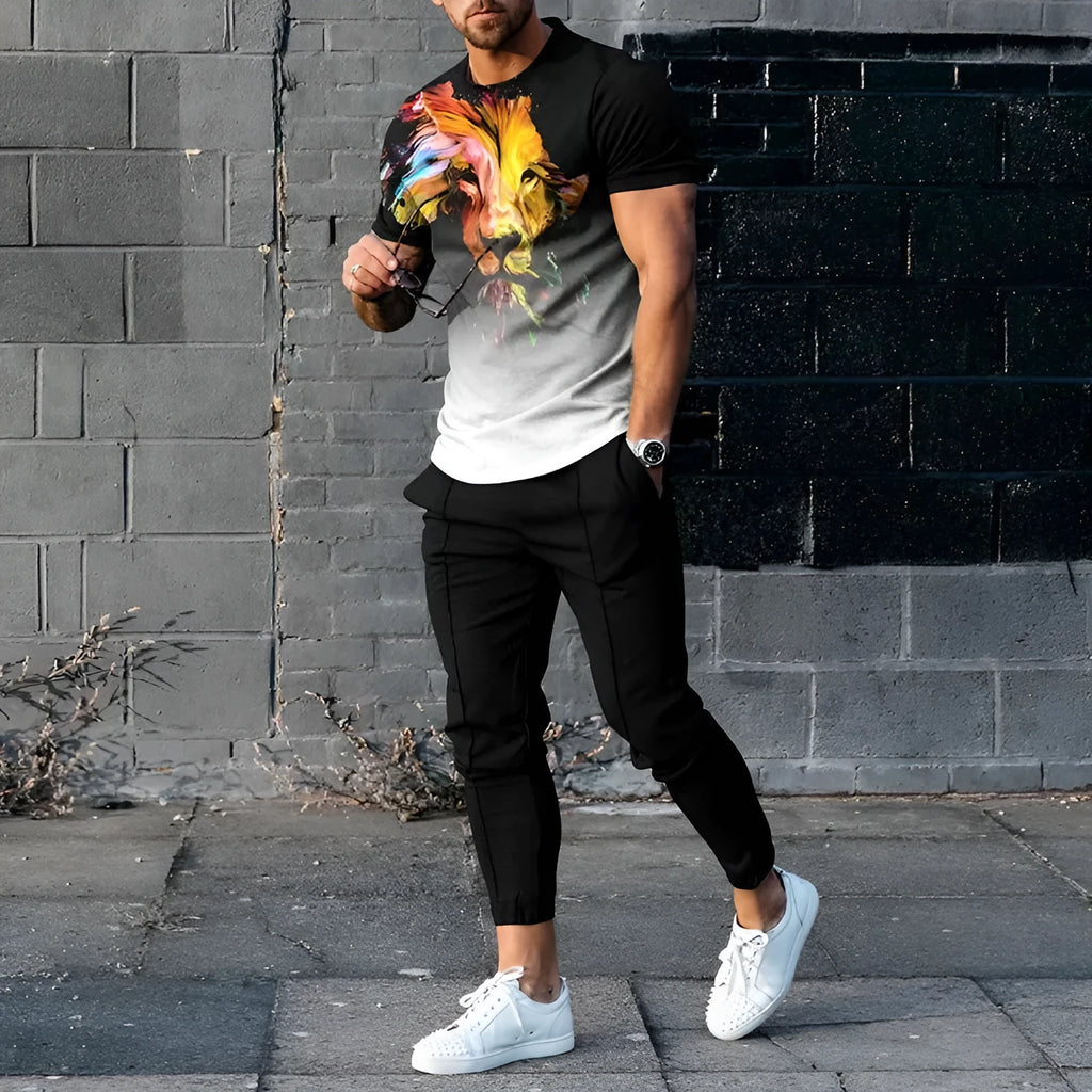 Men's short-sleeved printed pullover suit set with round neck T-shirt and matching trousers on a hanger.