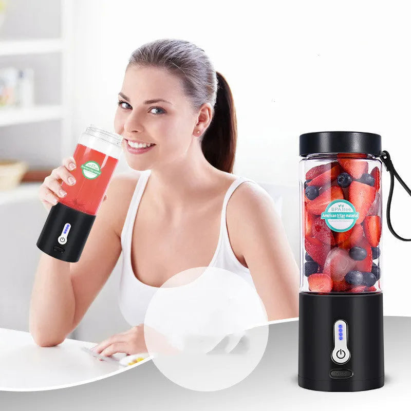 Portable hand-operated rechargeable blender with juice cup in black, white, blue, and rose red colours