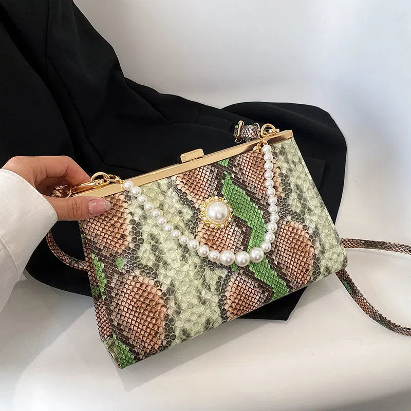 New vintage snake-pattern pearl-chain evening bag hard PU cross-body with 3D pocket and phone pocket in khaki