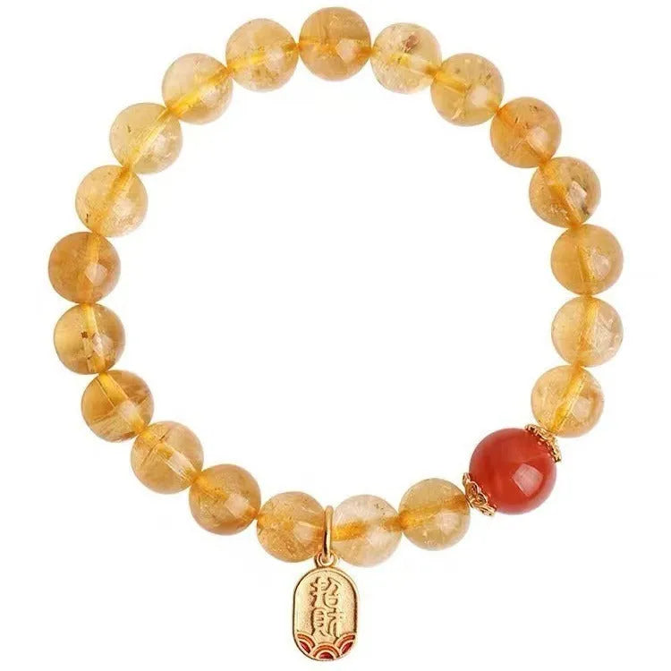 Natural red agate beaded bracelet with polished gold ruby spacers, shown in 6mm, 8mm, and 10mm bead size options.