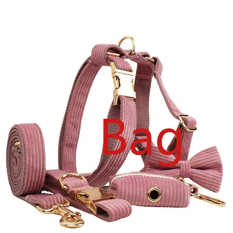 Corduroy dog collar and leash set with matching vest, bow, and poop bag holder accessories