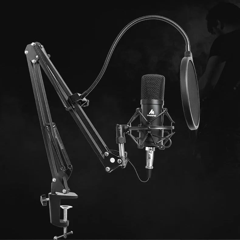Black wired capacitor microphone with shockproof support and cantilever frame for phone K song and computer recording