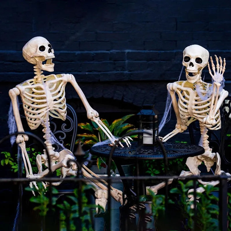 90cm tall movable joint plastic skeleton Halloween decoration prop posed outdoors.
