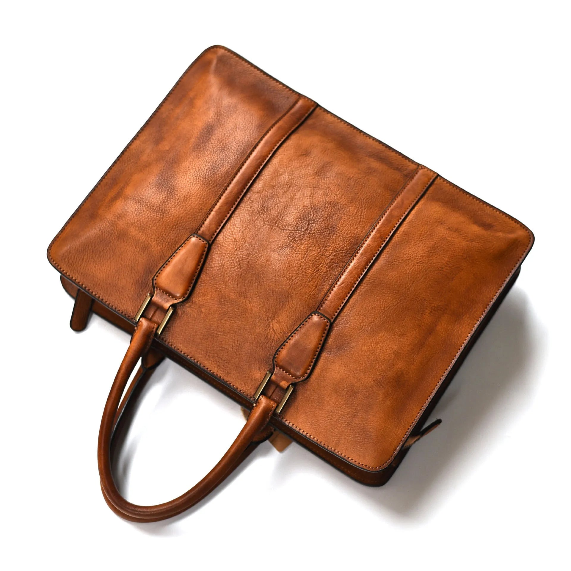 Men's brown leather handbag with horizontal square design and zipper closure