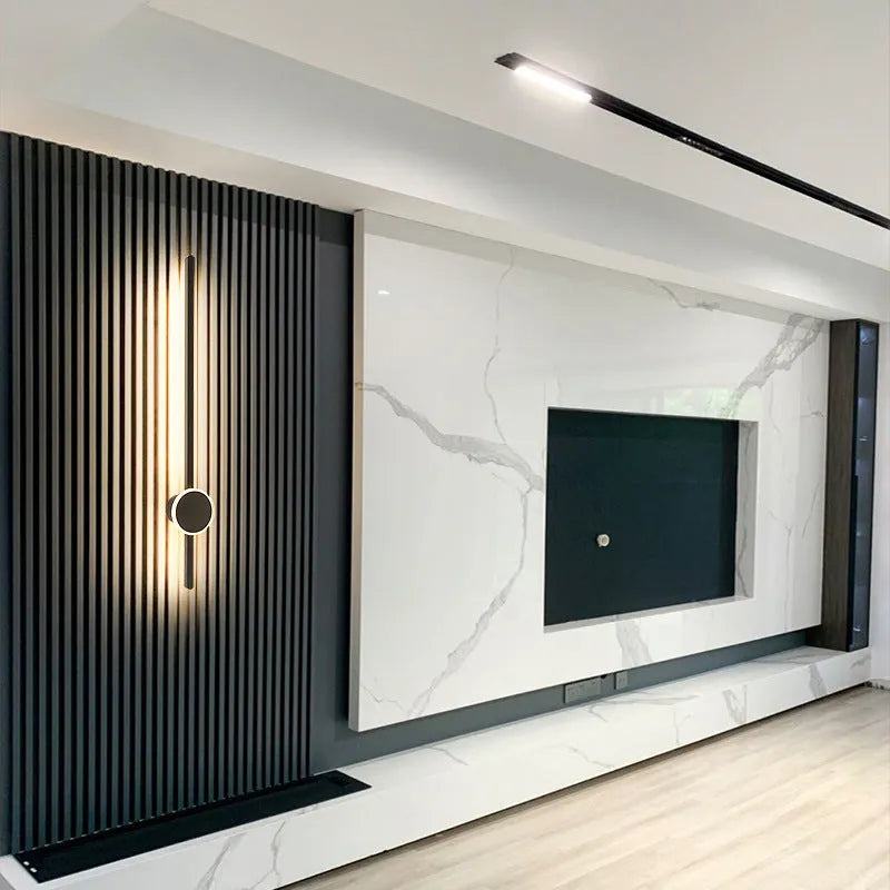 Modern black and white LED strip wall lamp with a grid-free pole gate design and acrylic shade.