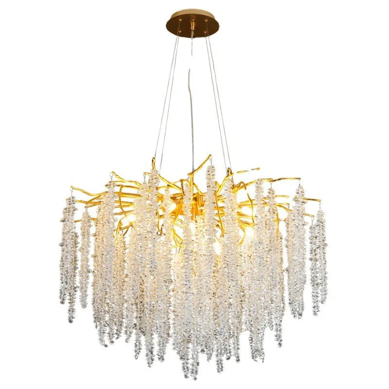 Modern crystal chandelier light fitting with adjustable height in round and long style options.
