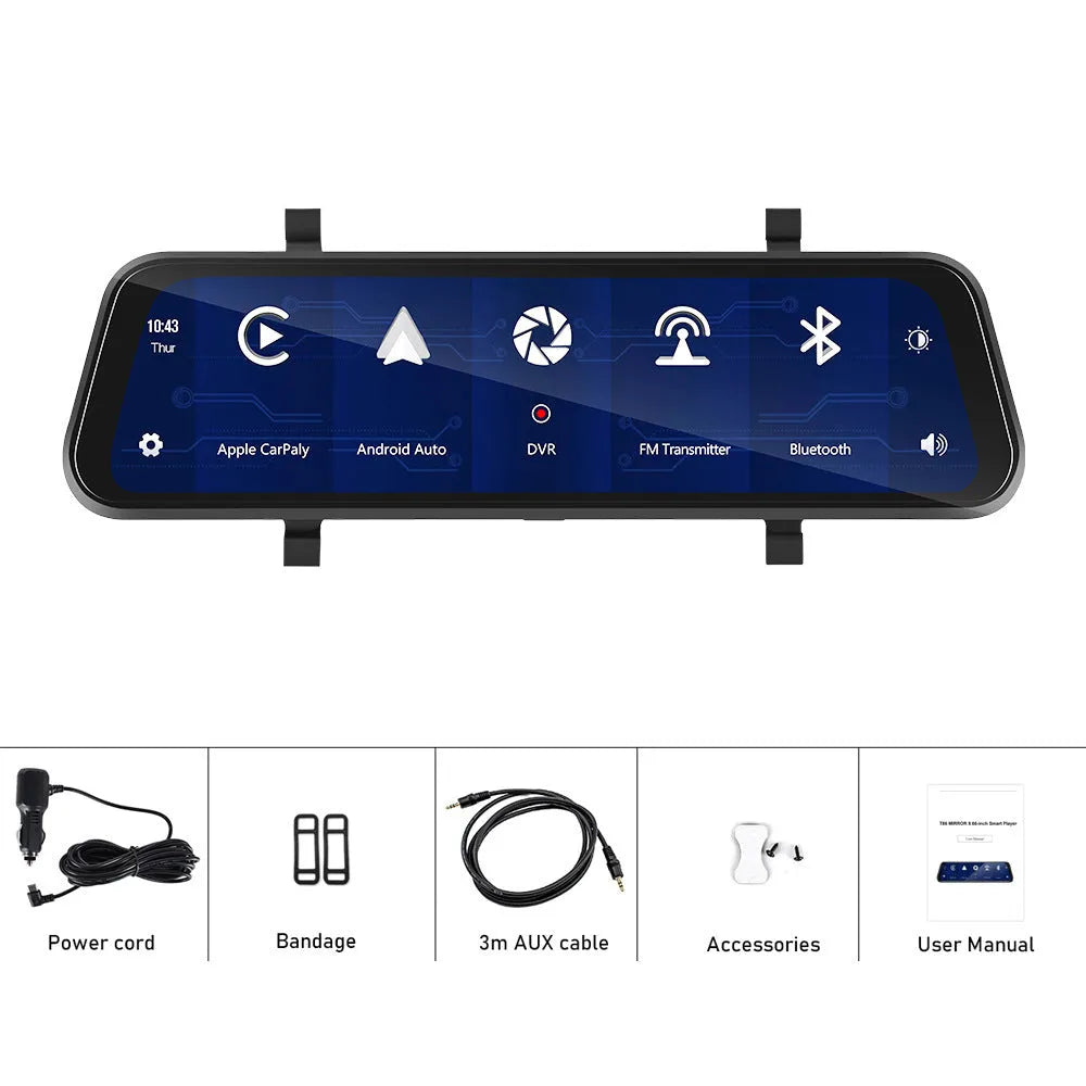 9.66-inch car dash cam and smart mirror with touch screen, CarPlay Android Auto support, and recording function
