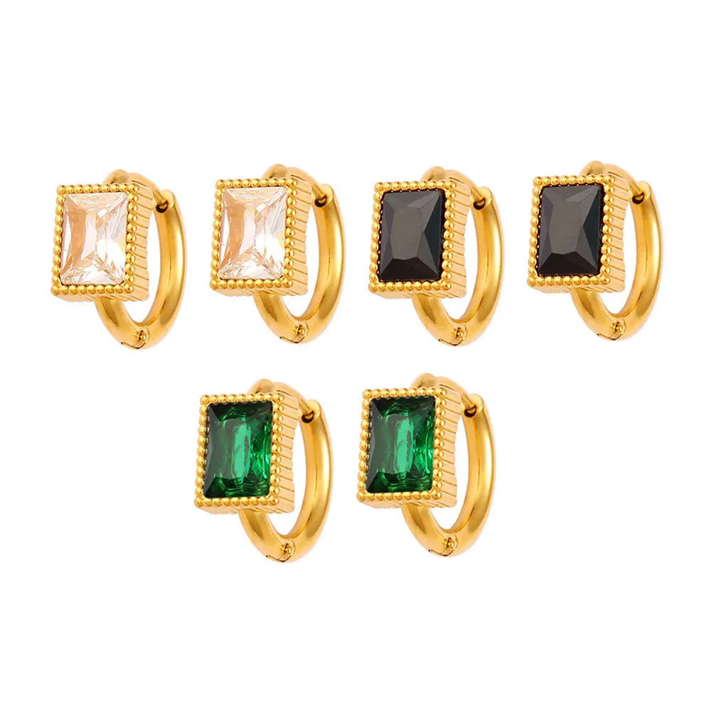Geometric stainless steel earrings with a square zircon centre and round ring detail in black, green, or white.