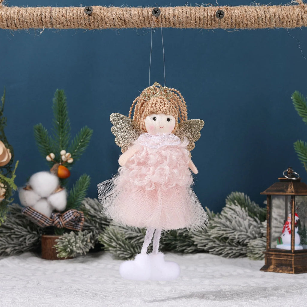 Christmas angel cartoon fabric pendant hair accessory for a girl's high ponytail in white, pink, or khaki.