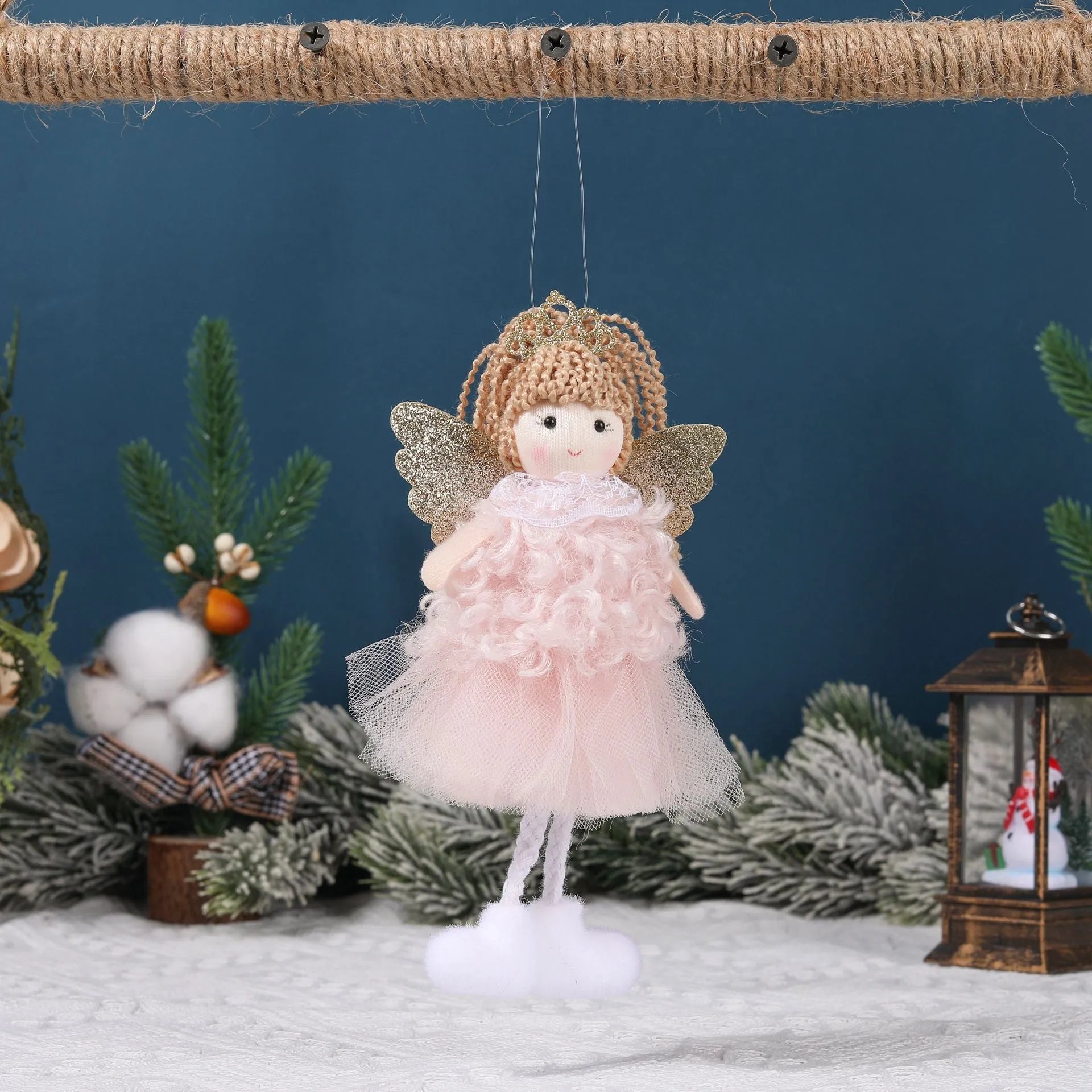 Christmas angel cartoon fabric pendant hair accessory for a girl's high ponytail in white, pink, or khaki.