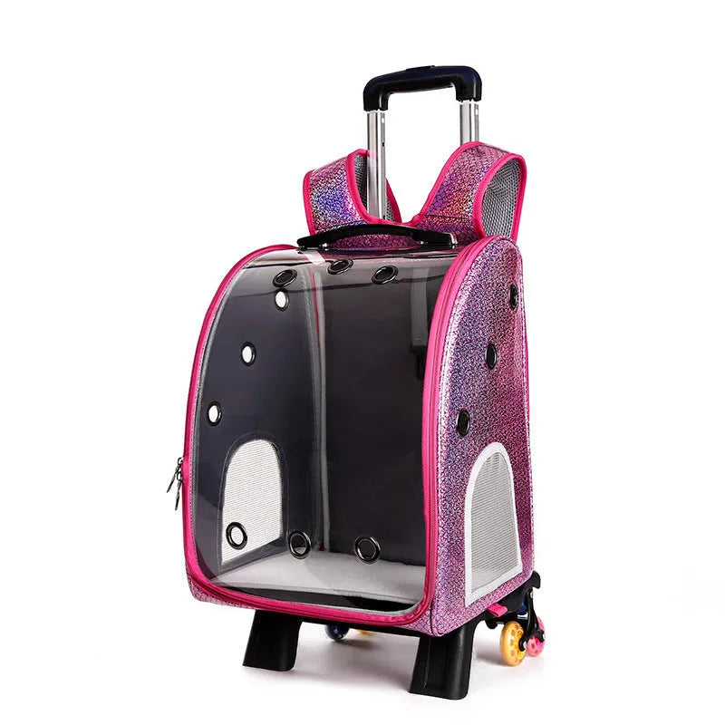 Blue transparent folding pet trolley bag with Oxford cloth backpack for small dogs.