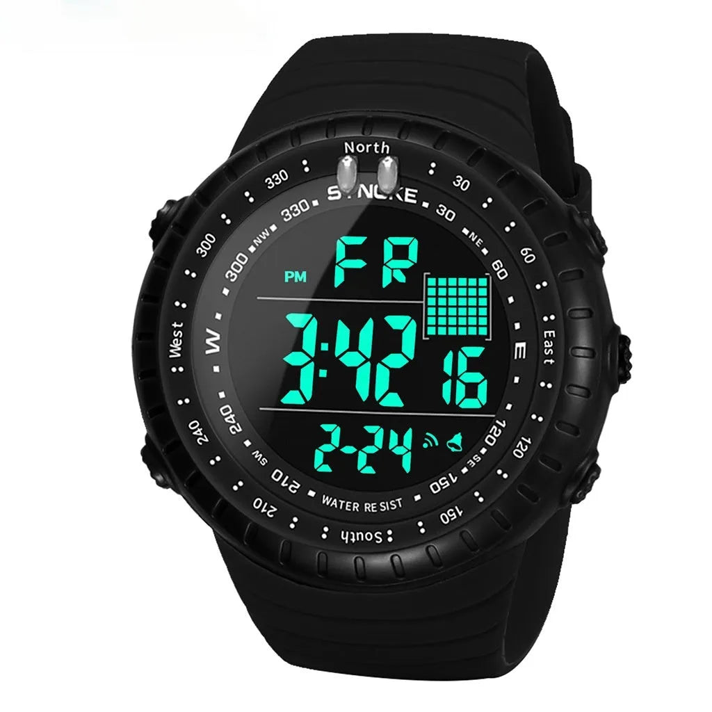Black men's waterproof digital outdoor watch with large dial on a PU strap.