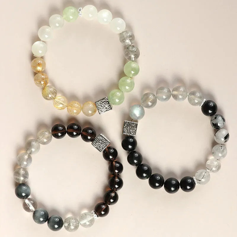 Couple crystal bracelet set with 10mm geometric shapes in khaki colour variations