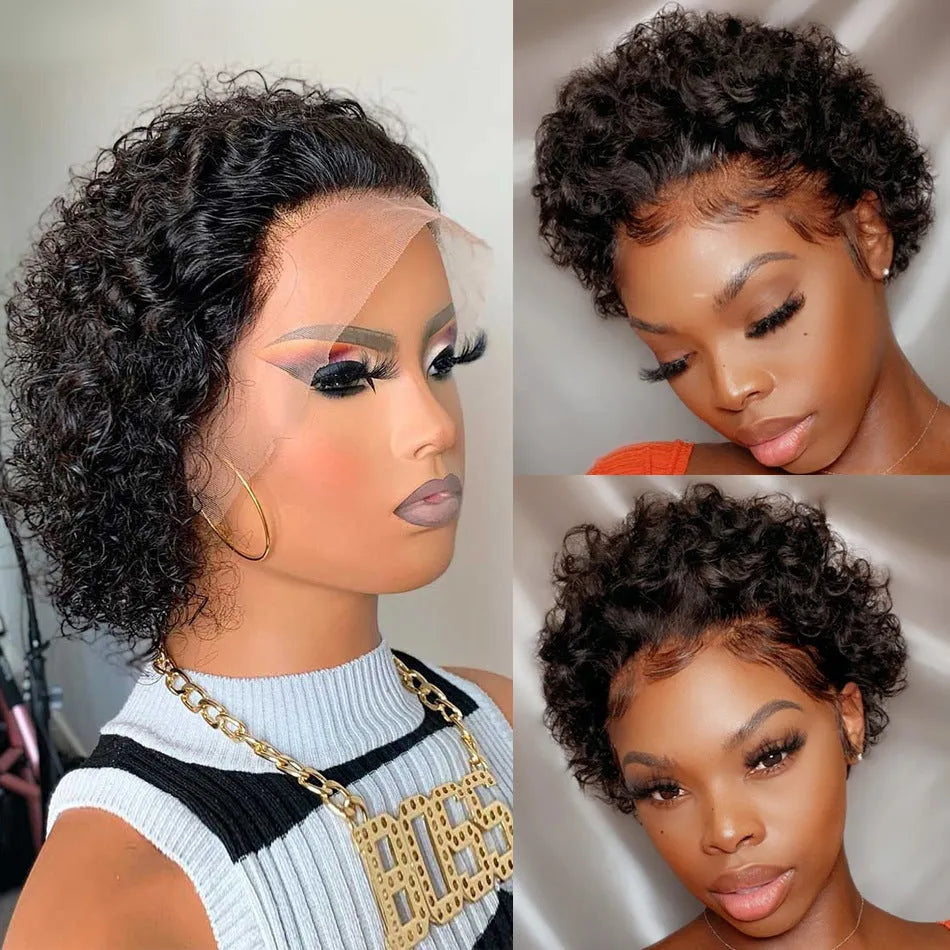 Black lace front wig cap with short, styled 13x1 colour human hair in a natural pixie cut.