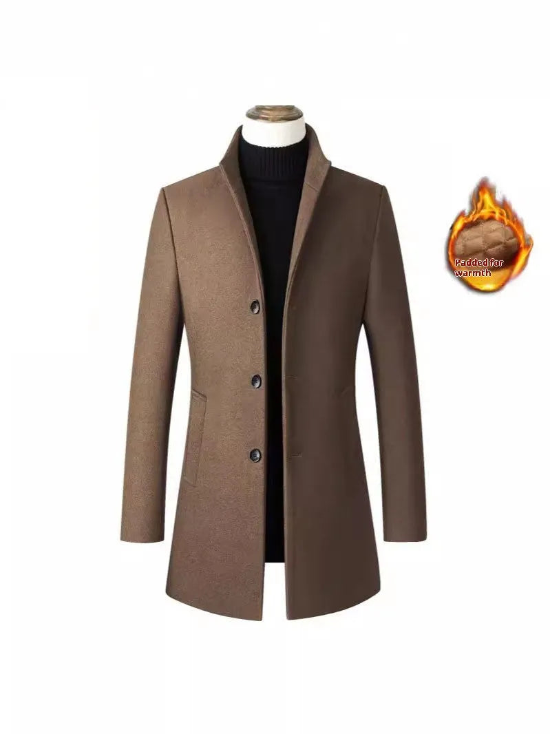 Men's single-breasted stand collar coat in solid colour with side pockets, wool-blend fabric, available in multiple colours and sizes