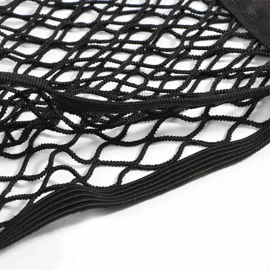 Black double-layer net pocket trunk storage bag made of polyester with adhesive mount for car boot organisation